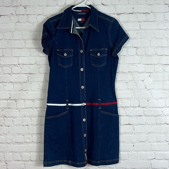 Vintage Y2K Tommy Hilfiger Collared Denim Dress Size Large - Picture 2 of 6